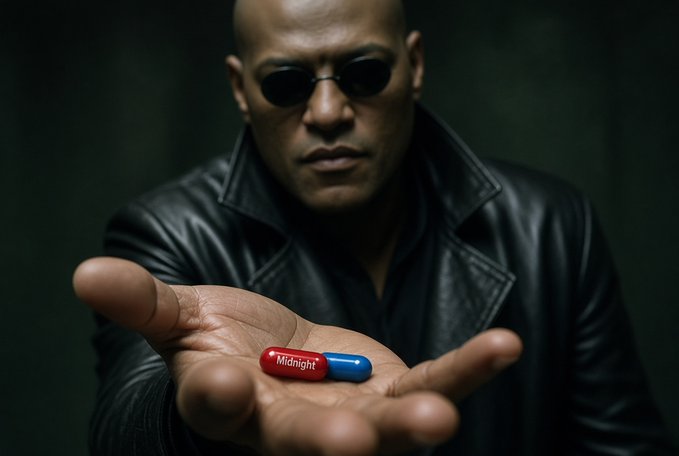 A bald man wearing dark sunglasses and a black leather coat extends his hand, offering a red and blue capsule labeled 'Midnight'.