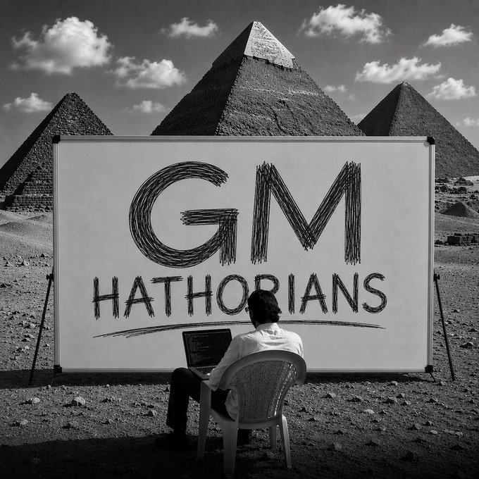 A black-and-white photo shows a person sitting on a chair with a laptop, facing a large billboard that reads "GM HATHORIANS" with the Egyptian pyramids in the background.