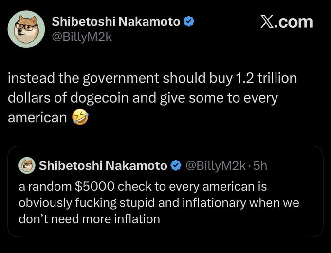 A screenshot of an X.com post by Shibetoshi Nakamoto (@BillyM2k) suggesting the government should buy $1.2 trillion of dogecoin to give to Americans, replying to his own post criticizing a $5000 check idea as inflationary.
