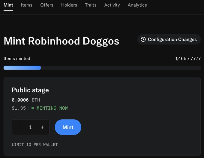 A digital NFT minting page titled 'Mint Robinhood Doggos' showing 1,465 of 7,777 items minted at 0.0006 ETH ($1.35) with a 'Minting Now' status.