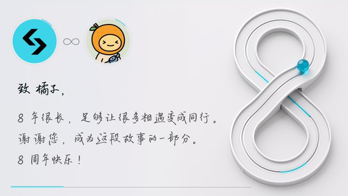 An 8th anniversary celebration graphic featuring a StylarH logo and an orange mascot character alongside Chinese text thanking '橘子' (Orange) for the journey, accompanied by a large stylized number 8.