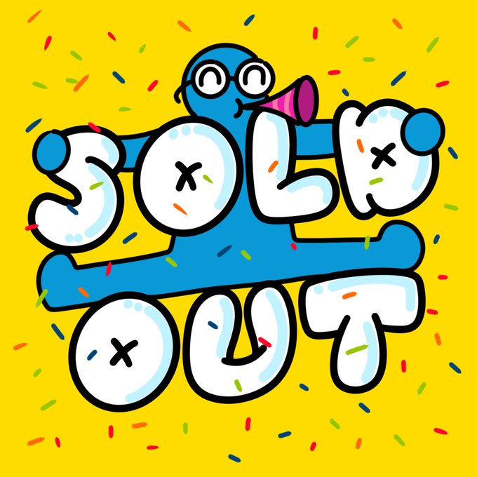 A blue cartoon character holds a party horn behind large bubble letters spelling 'SOLID OUT' on a yellow confetti background.