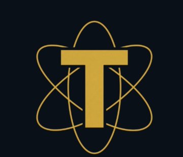 A simple logo featuring a bold gold letter "T" surrounded by intersecting atomic-style orbital rings on a black background.