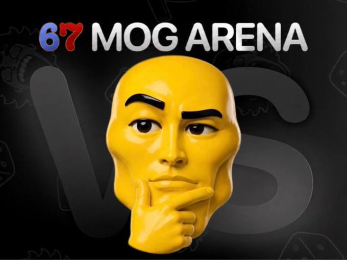 Promotional graphic for '67 MOG ARENA' featuring a yellow thinking face emoji on a dark background.