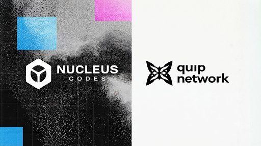 Side-by-side display of two company logos: Nucleus Codes on the left with a dark textured background, and Quip Network on the right with a clean white background.