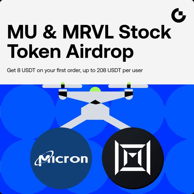The image features an advertisement for a cryptocurrency called MU & MRVL Stock token Airdrop, which allows users to invest in USDT (United States Dollar Tokens) directly from their wallet. The text on the image highlights that the token can be used as a payment method and is available for CFD (Contract For Difference) and gate stocks. It also mentions that there are opportunities to receive 8 USDT on your first order, up to 208 USDT per user.