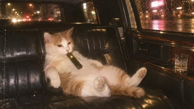 A relaxed orange and white cat lounges on a black leather seat inside a car at night, with a glass resting nearby.
