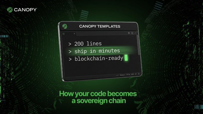 Promotional graphic for 'CANOPY TEMPLATES' displaying a terminal window with the text '> 200 lines, > ship in minutes, > blockchain-ready' and the tagline 'How your code becomes a sovereign chain' on a green digital background.