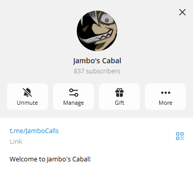 A Telegram channel popup for "Jambo's Cabal" with 837 subscribers, featuring an avatar of a cartoonish grinning character. The interface shows Unmute, Manage, Gift, and More options, along with a link (t.me/jamboCalls) and "Welcome to Jambo's Cabal!" message, aligning with the post promoting a $15 SOL giveaway.