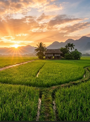 A scenic photograph of a lush green rice paddy field at sunrise, with a small thatched-roof hut and palm trees in the middle distance, backed by mountains under a dramatic sky.