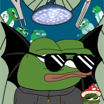 An illustration of a green Pepe frog wearing sunglasses under a surgical lamp, surrounded by smaller Pepe figures in the background.