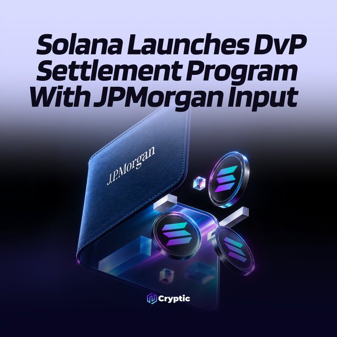 A promotional graphic titled "Solana Launches DvP Settlement Program With JPMorgan Input" features a 3D illustration of a JPMorgan-branded wallet alongside Solana (SOL) cryptocurrency tokens, visually representing the partnership between Solana and JPMorgan in launching an open-source Delivery-versus-Payment (DvP) settlement program for tokenized assets.