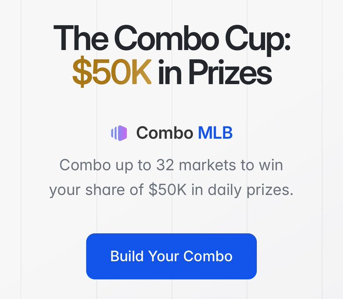 The image shows a promotional graphic for "The Combo Cup" featuring a $50K prize pool, with "Combo MLB" highlighted as the active category and a tagline reading "Combo up to 32 markets to win your share of $50K in daily prizes," along with a blue "Build Your Combo" call-to-action button. It directly illustrates the Polymarket post's message about the $50K daily prize incentive for users stacking up to 32 markets into winning combo bets.