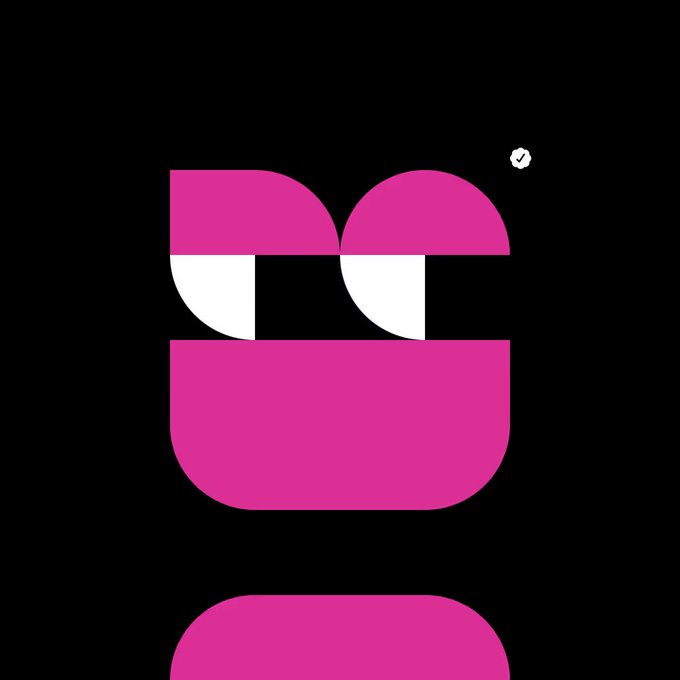 A graphic logo featuring geometric shapes in pink/magenta and white on a black background, depicting stylized eyes and a smile.