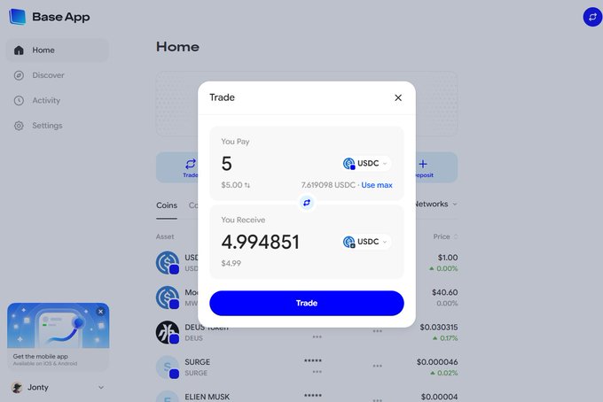 A trade modal on the Base App desktop interface shows swapping 5 USDC for 4.994851 USDC, illustrating the "bigger screens" announcement of the platform's desktop trading experience.
