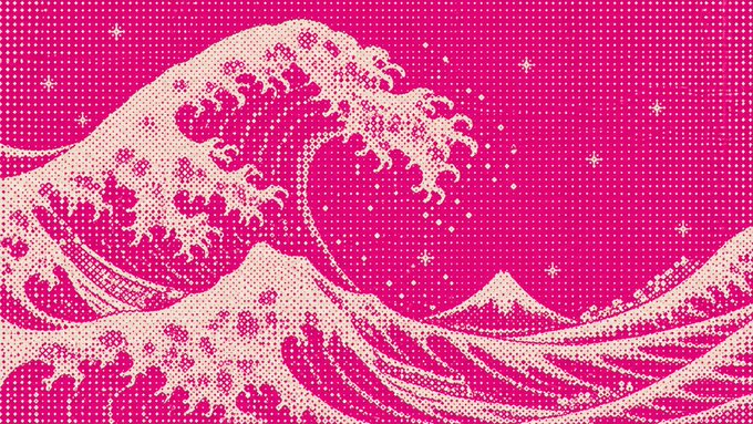 A stylized pink halftone illustration of "The Great Wave off Kanagawa" with a small mountain in the background, symbolizing the powerful, sweeping momentum of significant DeFi developments this week. The image visually represents the "wave" of ecosystem expansion, merges, and token events highlighted in the post.