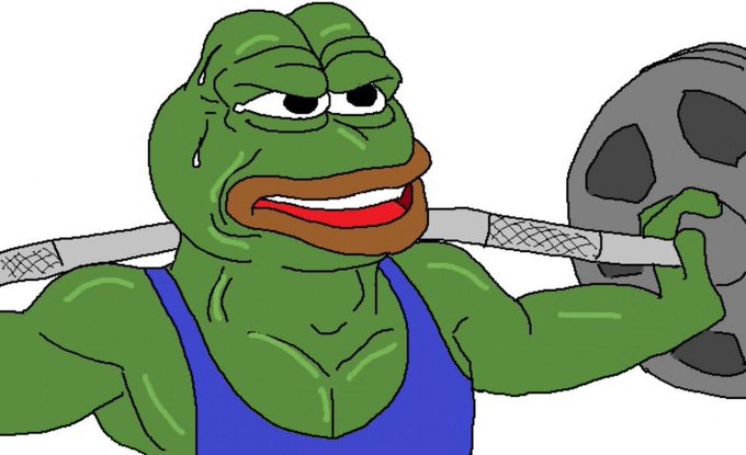 A buff, sweating Pepe the Frog cartoonishly strains while lifting a heavy barbell across his shoulders, visually reinforcing the motivational post's call to "crush today."