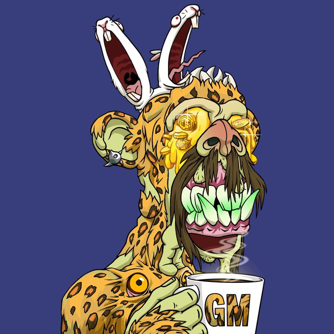 A stylized digital illustration of a grotesque, multi-eyed, leopard-print creature holding a coffee mug labeled 'GM' against a solid dark blue background.