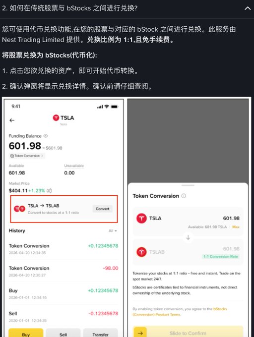 This image is a Chinese-language instructional screenshot explaining how to convert between traditional stocks and bStocks via a "Token Conversion" feature, showing a 1:1 conversion rate example for TSLA (601.98 shares at $404.11 market price) to TSLAB with no fees. It supports the post's point that bStocks extends the time boundary for participating in market price formation, as the conversion is described as "free and instant," enabling 24/7 trading of tokenized stock representations rather than being limited to traditional market hours.
