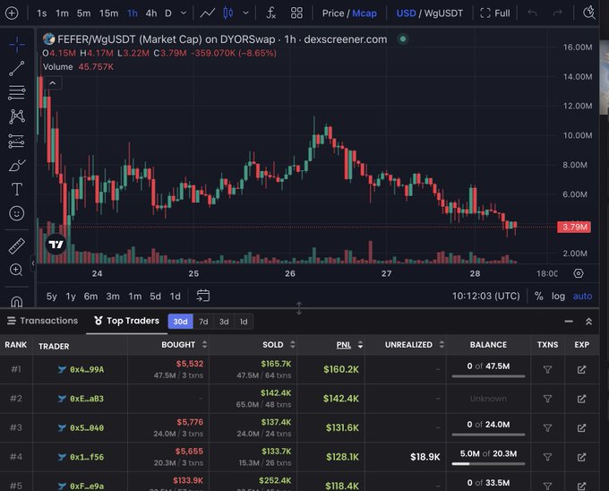 The image shows a Dexscreener chart for FEFER/WgUSDT on DYORswap, displaying a market cap decline of -8.65% to $359.07K with trading volume of $45.757K over a 1-hour timeframe. The "Top Traders" panel highlights notable profits, including trader "0x4...99A" earning $160.2K, suggesting significant whale activity that may relate to the post's mention of rumors surrounding $fefer.