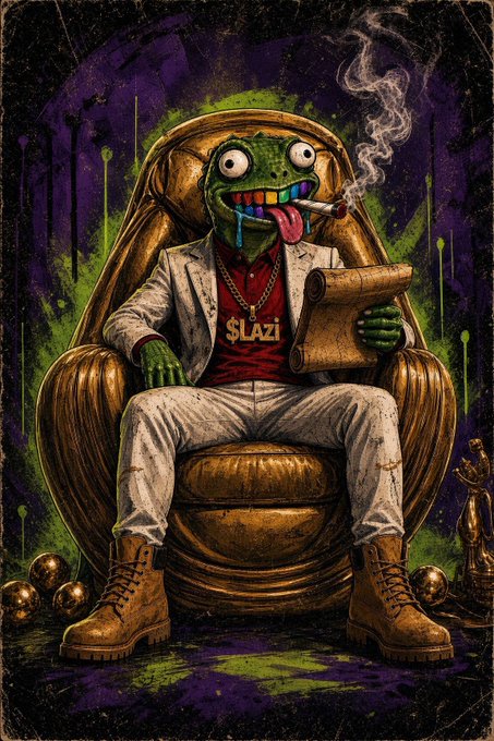 A colorful illustration depicts a cartoon frog wearing a white suit, red shirt, and a gold chain reading "$LAZI", sitting in an ornate golden armchair while smoking a cigar and holding a scroll.