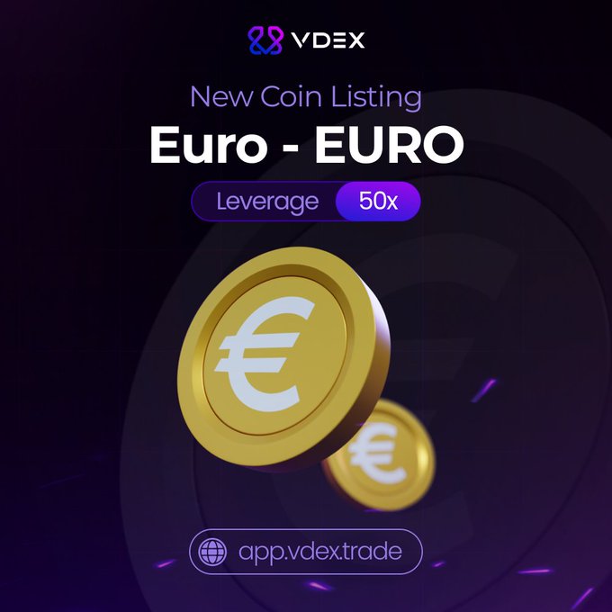 A promotional image for VDEX announcing a new coin listing for Euro - EURO with 50x leverage, featuring gold coins with the euro symbol against a dark purple background with app.vdex.trade.