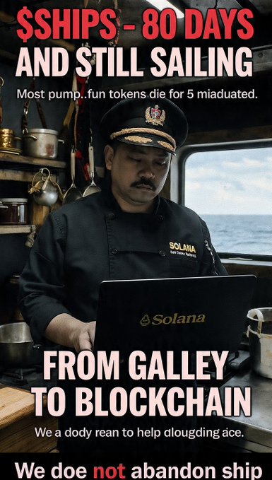 A meme poster featuring a chef in a Solana-branded uniform using a Solana laptop aboard a ship, with text reading "$SHIPS - 80 DAYS AND STILL SAILING," "FROM GALLEY TO BLOCKCHAIN," and "We do not abandon ship."