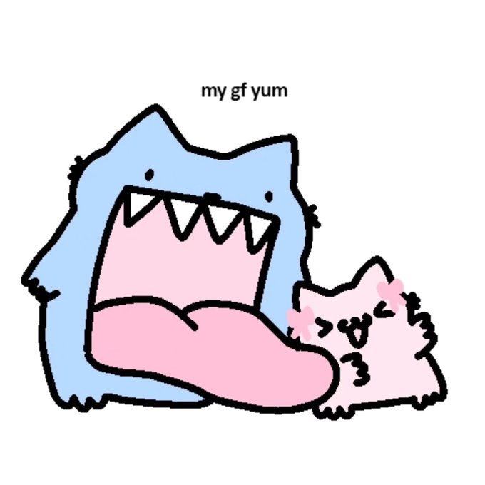 A cute cartoon illustration shows a blue monster with sharp teeth licking a pink cat that has hearts around it, captioned 'my gf yum'.