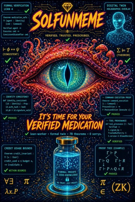 A highly stylized, colorful digital graphic featuring a large central reptilian eye, titled 'SOLFUNMEME', promoting 'VERIFIED MEDICATION' with various pseudo-mathematical proofs and checkmarks surrounding the image.