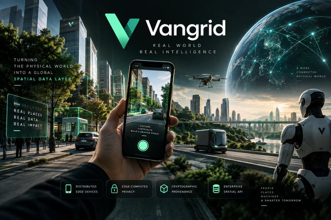 A promotional banner for 'Vangrid' featuring the tagline 'Real World, Real Intelligence' and 'Turning the physical world into a global spatial data layer,' with imagery of a smartphone capturing a city, drones, a humanoid robot, and feature tags including 'Distributed Edge Devices' and 'Edge-Computed Privacy.'