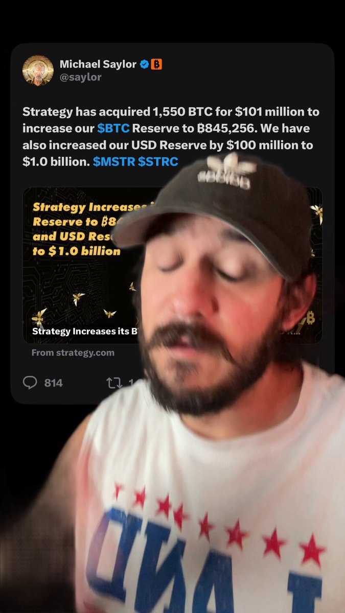 The image features a man wearing a baseball cap, with his eyes closed as if he's meditating or daydreaming. The caption of the image reads "Michael Saylor didn't just announce a Bitcoin buy he announced an equal cash raise that nobody is talking about $MSTR can use this cash to pay dividends without selling Bitcoin". This post seems to be related to Michael Saylor, who is known for his involvement in Bitcoin and cryptocurrency markets.

The image also contains text discussing the potential of Bitcoin as a means of payment or investment, which could be related to the man's cap and the caption. The overall theme of the image appears to be centered around Bitcoin and its impact on financial markets.