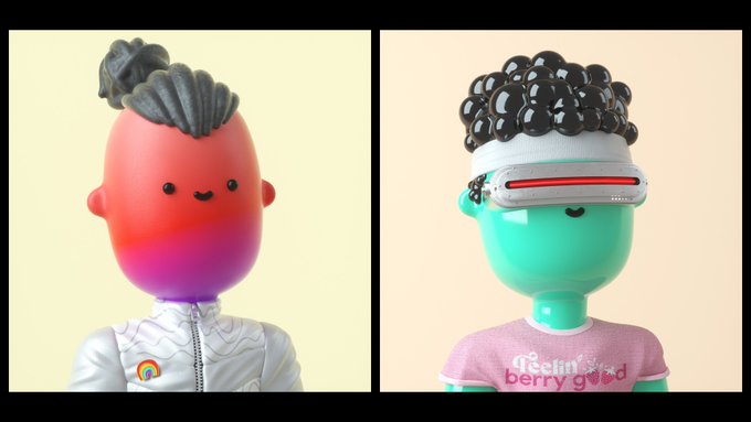 Two cartoonish 3D-rendered characters, one with a pink-to-orange gradient face and gray hair and the other a teal figure wearing a VR-style headset and a shirt reading "feelin' berry good," are displayed side-by-side, representing the NFTs sold from the "Citizens of Vibetown" collection for 0.60 ETH total.