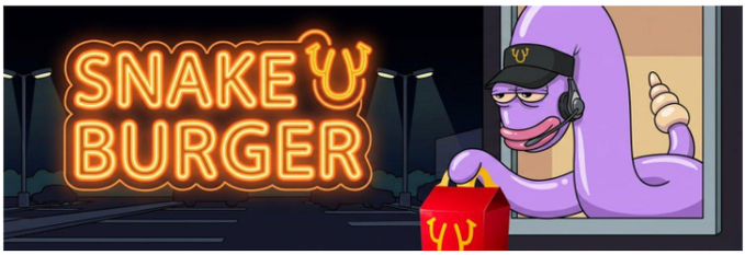 Neon 'SNAKE BURGER' sign next to a purple cartoon character wearing a cap and headphones, holding a red box.