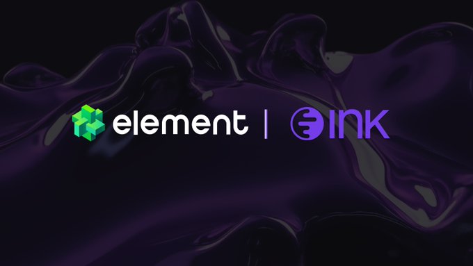 The image features a purple background, which serves as the backdrop for an advertisement for Element. The text "Element" is written in white at the top of the image, while "Ink" is displayed below it in a smaller font size. The phrase "Ink @inkonchain" is also present on the image. The overall layout and design suggest that this is part of a larger marketing campaign for Element or Ink, possibly promoting their partnership with each other to create seamless experiences for users.