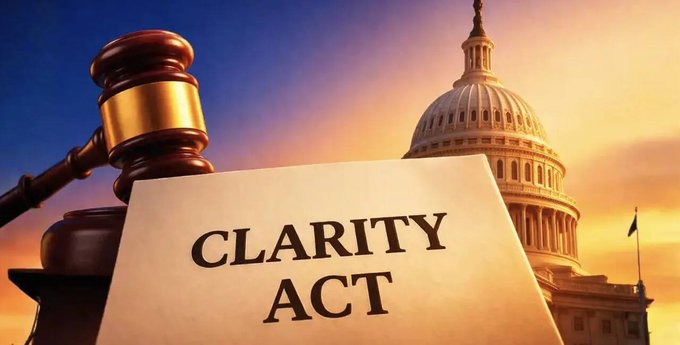 An image shows a wooden gavel resting beside a document titled 'CLARITY ACT', set against a backdrop of the U.S. Capitol building under a sunset sky.