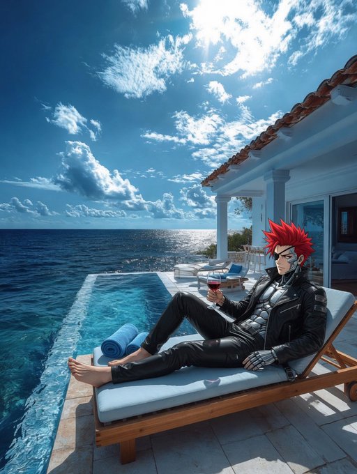 A spiky red-haired character in black leather lounges on a poolside chaise by a Mediterranean villa, holding a glass of red wine while overlooking the ocean, pairing the post's relaxed "Gm" tone with its forward-looking commentary on Quip Network's post-quantum security focus.