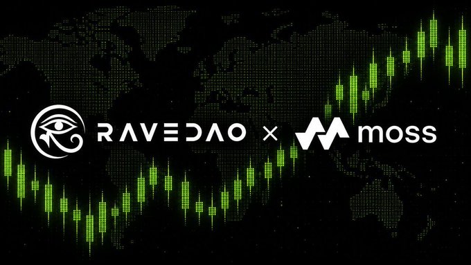 A promotional graphic for "RAVEDAO × moss" partnership is displayed over a world map background with green candlestick chart patterns rising across the screen.