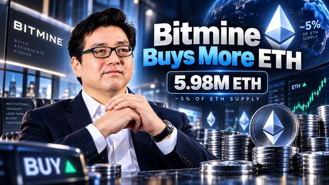 A promotional image featuring a man in a suit with text 'Bitmine Buys More ETH' and '5.98M ETH ~5% OF ETH SUPPLY', alongside Ethereum logos and coin stacks.