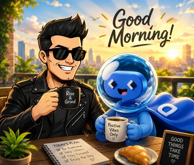 A cartoon illustration shows a man in sunglasses drinking from a "Rise & Grind" mug alongside a blue slime-like character holding a "Positive Vibes Only" mug. The scene includes "Today's Plan" with checked items ("Be Awesome," "Help Others," "Stay Focused," "Enjoy the Day"), a croissant, and signs reading "Good Morning!" and "GOOD THINGS TAKE TIME."
