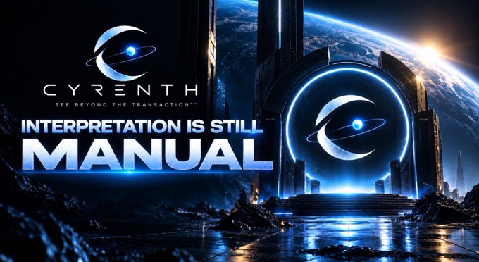 A futuristic promotional graphic for "CYRENTH" featuring the tagline "SEE BEYOND THE TRANSACTION™" alongside the bold headline "INTERPRETATION IS STILL MANUAL," set against a sci-fi backdrop with a glowing portal and view of Earth, illustrating the post's point that while on-chain tools provide raw transaction data, deciphering its real meaning still requires human effort.