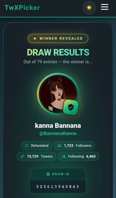 A TwXPicker mobile app screen displaying 'DRAW RESULTS' with the winner announced as 'kanna Bannana (@BannanaKanna)' showing 1,723 followers, 15,729 tweets, and a draw ID number.