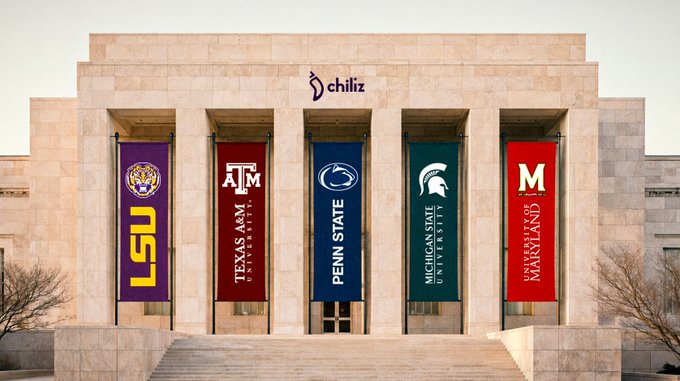 A grand neoclassical building adorned with five university banners—LSU, Texas A&M, Penn State, Michigan State, and University of Maryland—hangs below the Chiliz logo, visually representing the platform's first five U.S. college sports partners for its Fan Token launch via Socios.com.