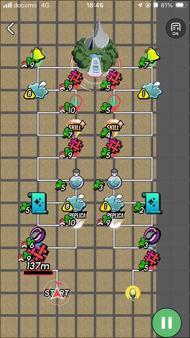 A cell phone screen displays a map of tiles with various icons, including one depicting a house symbol along with several others representing objects such as water bottles or a car. A post on social media, likely Instagram, is being displayed at the bottom of the screen that contains text about "Heal 3!" and an image featuring a red square with white arrows around it, possibly indicating a random event related to luck.