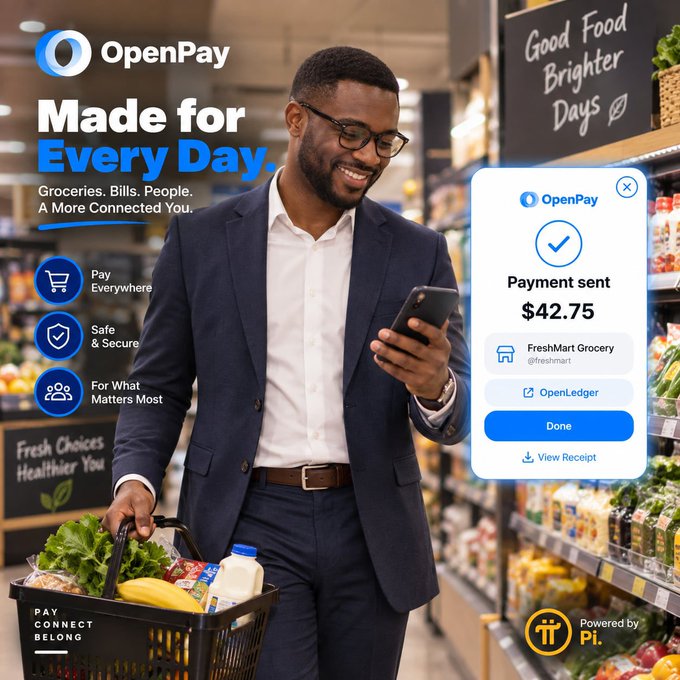 An advertisement for OpenPay features a smiling man in a suit holding a smartphone in a grocery store, with text "Made for Every Day" and a payment confirmation of $42.75 sent to FreshMart Grocery.