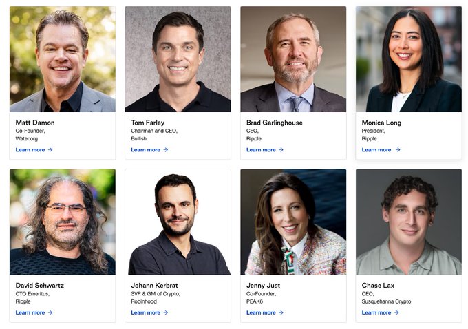 A grid of eight executive profile cards showing leaders from crypto companies: Matt Damon (Co-Founder, Water.org), Tom Farley (Chairman and CEO, Bullish), Brad Garlinghouse (CEO, Ripple), Monica Long (President, Ripple), David Schwartz (CTO Emeritus, Ripple), Johann Kerbrat (SVP & GM of Crypto, Robinhood), Jenny Just (Co-Founder, PEAK6), and Chase Lax (CEO, Susquehanna Crypto).