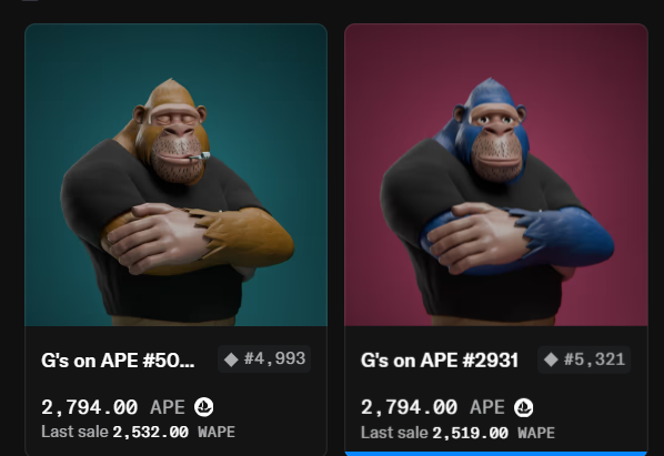 Two NFT listings for "G's on APE" are shown side by side at 2,794.00 APE each, with the third listing (#2931, last sale 2,519.00 WAPE) highlighted as the recommended buy despite costing only ~1 APE more than the two floor options (#4,993 and #5,321). The post mocks the top two listings as bots or bad buys, advising collectors to skip them in favor of the cheaper third option.