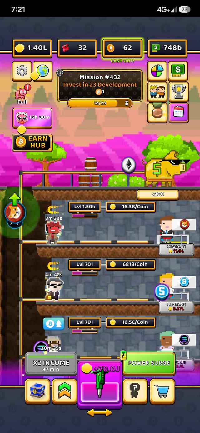 A pixel art mobile game screenshot showing a mining/earning interface with characters at different levels, coins, and upgrade options.
