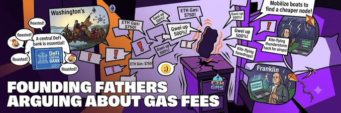 A cartoon illustration titled 'FOUNDING FATHERS ARGUING ABOUT GAS FEES' depicts historical figures like Washington and Franklin debating ETH Gas fees and DeFi topics, with speech bubbles like 'ETH Gas: $750!', 'Gwei up 500%!', and 'Kite-flying hack for cheaper node!'.