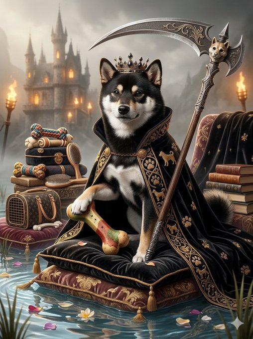 A digital artwork depicts a Shiba Inu dog wearing a crown and black cape, sitting on a cushion holding a scythe with a small dog on it and a bone.