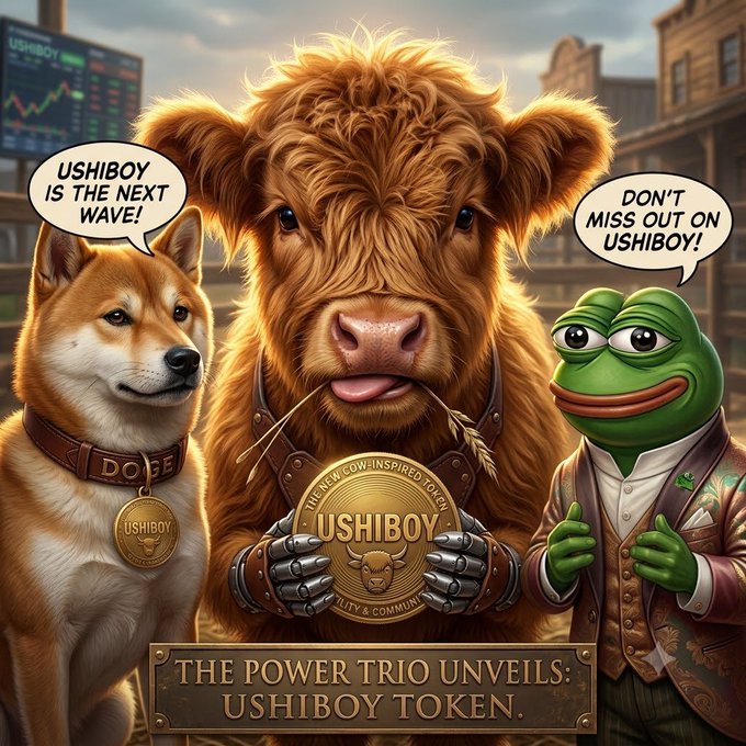A crypto promotional image titled 'THE POWER TRIO UNVEILS: USHIBOY TOKEN' features a Shiba Inu dog, a Highland cow, and Pepe the Frog character, with speech bubbles saying 'USHIBOY IS THE NEXT WAVE!' and 'DON'T MISS OUT ON USHIBOY!'